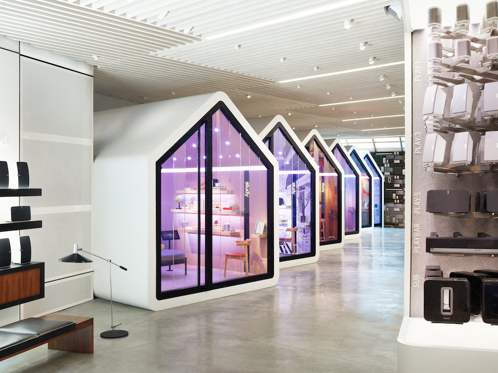 Modern white store with violet and light blue lights